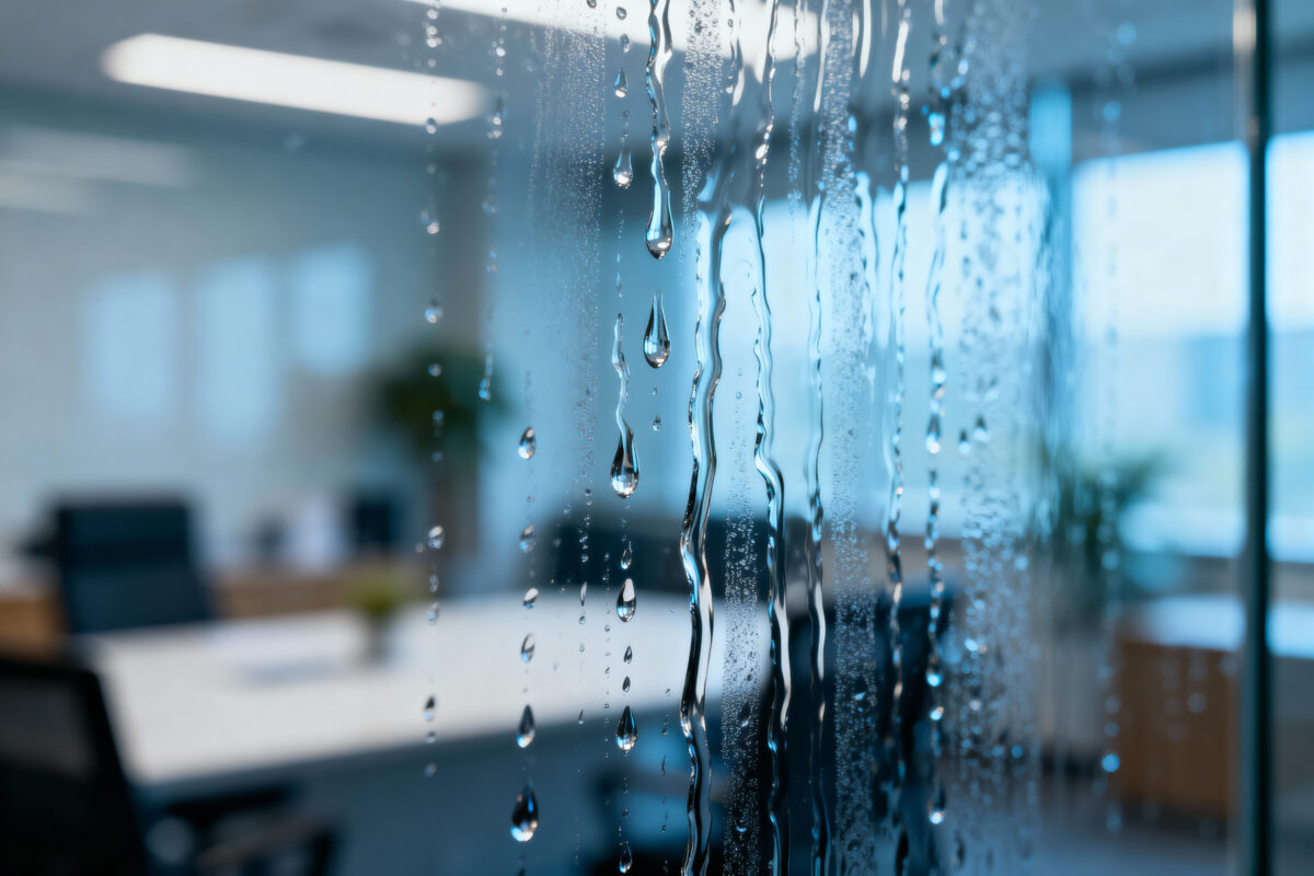 Condensation on an office window.